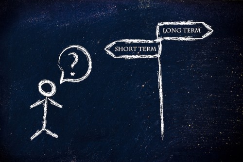 Design on blackboard depicting business choices: short or long term, which is the priority?