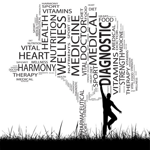 man jumping up to grab a word in a health text word cloud in the shape of a tree tree
